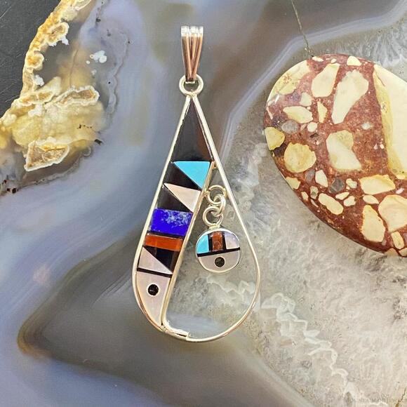 Sheryl Edaakie Zuni Sterling Multistone Inlay Teardrop Pendant For Women #2